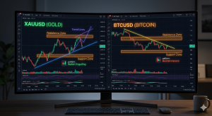 Biểu đồ ph&acirc;n t&iacute;ch kỹ thuật v&agrave;ng XAUUSD v&agrave; bitcoin BTCUSD với xu hướng, hỗ trợ kh&aacute;ng cự, ph&ugrave; hợp cho người học trade forex cơ bản tại nh&agrave; v&agrave; t&igrave;m hiểu c&aacute;ch v&agrave;o lệnh.